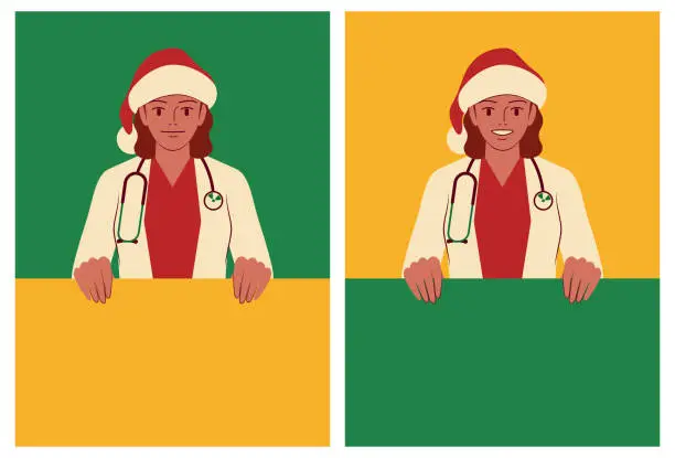 Vector illustration of Beautiful young female doctor dressed in a Santa Claus suit holding a blank sign