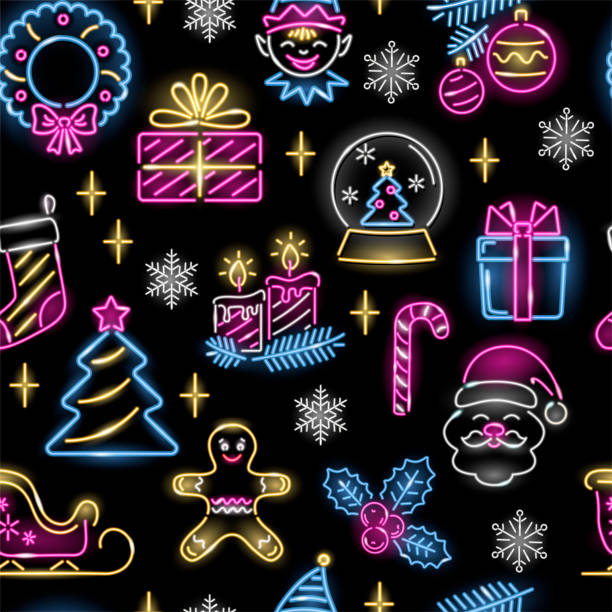 neonowy bezszwowy wzór z ikonami świątecznymi: święty mikołaj, pudełko na prezenty, cukierkowa laska, świeca, pończocha, drzewo cristmas, wieniec, sleght na czarnym tle. boże narodzenie, nowy rok koncepcja owijania, drukowania. wektor 10 eps - blue christmas backgrounds humor stock illustrations