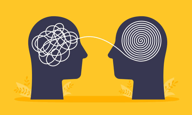 Psychologist consulting or mental problem solving brainstorm concept. Psychologist consulting or mental problem solving brainstorm concept. Human heads with tangled chaos disorder turns into order line, finding solution. Coach, mentoring psychotherapy. Complex to simple managing stress stock illustrations