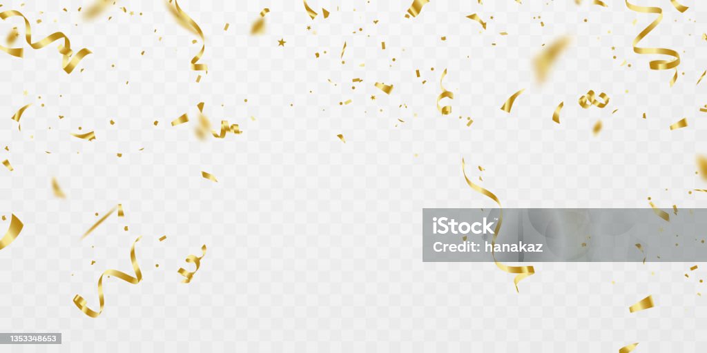 Plantilla de fondo de celebración con confeti y cintas doradas. tarjeta de felicitación de lujo rica. - arte vectorial de Confeti libre de derechos