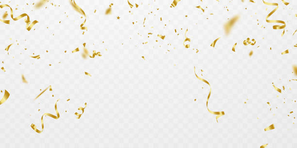 ilustraciones, imágenes clip art, dibujos animados e iconos de stock de plantilla de fondo de celebración con confeti y cintas doradas. tarjeta de felicitación de lujo rica. - fiesta