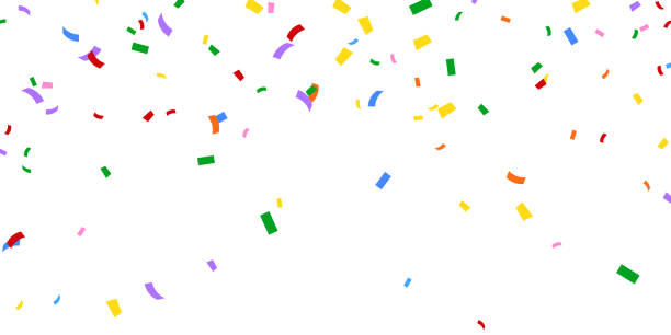 hintergrundvorlage für die feier mit konfetti und bunten bändern. - colors streamer backgrounds congratulating stock-grafiken, -clipart, -cartoons und -symbole