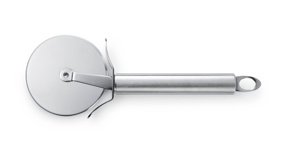 Stainless steel pizza cutter placed on a white background