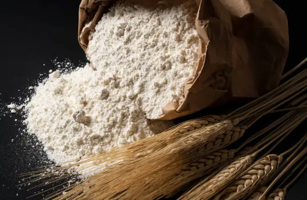 Flour and ears of wheat on a black background. Close-up, bread concept.
