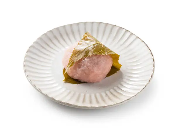 rice cake with bean paste wrapped in a preserved cherry leaf.Japanese Sweets