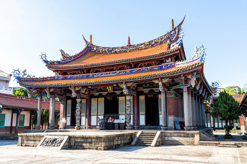 Old building view of Confucius Temple in Taipei, Taiwan. This is a historical heritage with a Chinese-style building that is over several hundred years old.