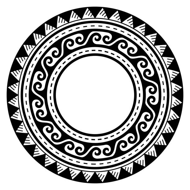 polynesische hawaiianische tattoo-stil runder rahmen oder randvektor design, boho tribal welle mandala muster inspiriert von kunst traditionelle geometrische kunst - samoa stock-grafiken, -clipart, -cartoons und -symbole