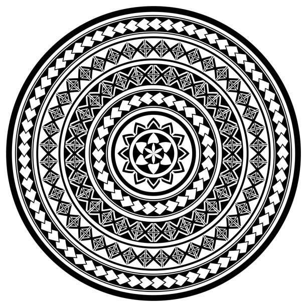 hawaii tribal tattoo mandala vektormuster, poylnesian volkskunst rundes design in schwarz-weiß - samoa stock-grafiken, -clipart, -cartoons und -symbole