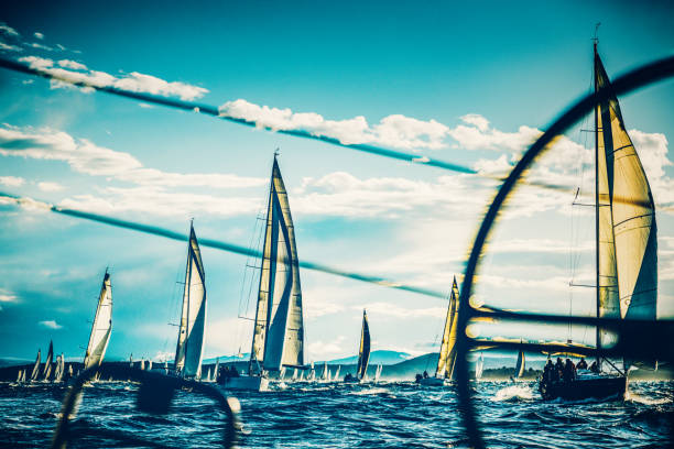 Sailing crews on sailboats during regatta. Event Regatta Jabuka Property released. Taken by Sony a7R II, 42 Mpix.