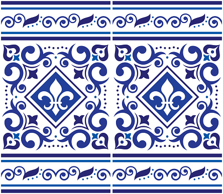 Azulejo tiles seamless vector pattern with frame or border- Lisbon decorative style, fleur de lis design inspired by art from Portugal