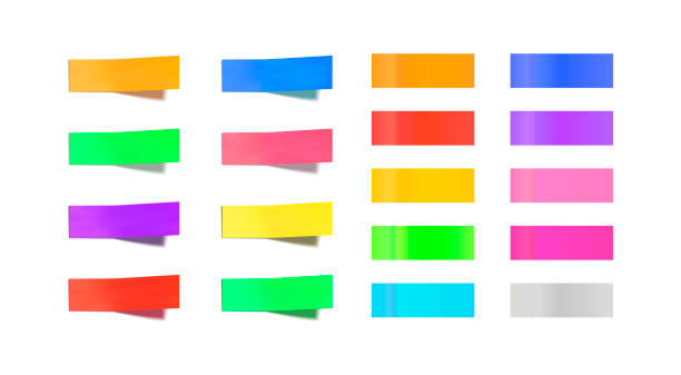 wektorowe puste kolorowe naklejki, karteczki samoprzylepne izolowane na białym tle, zakładki, jasne, proste i zakrzywione naklejki. - thumbtack office supply multi colored three dimensional shape stock illustrations