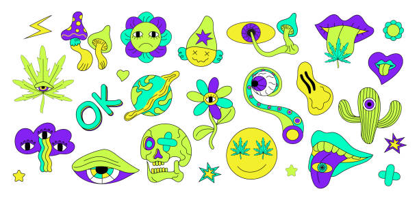 Psychedelic stickers vector set. Crazy mushrooms and abstract eyes. Neon hand drawn skull, lips, cannabis. Neon heart, cactus, octopus leg are shown. Psychedelic stickers vector set. Crazy mushrooms and abstract eyes. Neon hand drawn skull, lips, cannabis. Neon heart, cactus, octopus leg are shown. Retro 70's psychedelic hippie illustrations. substance intoxication stock illustrations