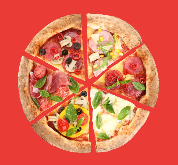istock Slices of different pizzas on red background, top view 1353357975