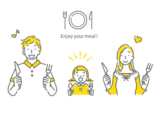 illustrazioni stock, clip art, cartoni animati e icone di tendenza di famiglia che gusta il pasto, semplice illustrazione disegnata a mano - pranzare illustrazioni