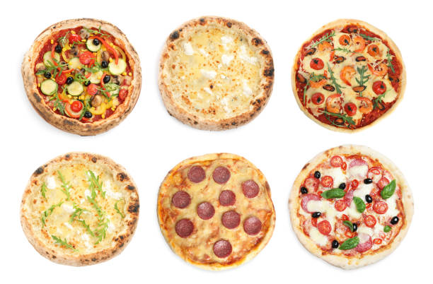 istock Set with different tasty pizzas on white background, top view 1353359165