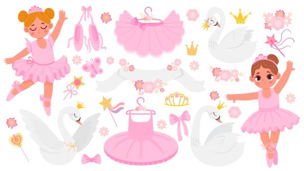 cartoon ballettschuh, kleidung, tanzende ballerinas und schwäne. süße ballett tanz accessoires und dekoration. blumen, kronen, tutu-vektor-set - ballettröckchen stock-grafiken, -clipart, -cartoons und -symbole