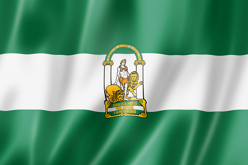 Andalucia province flag, Spain waving banner collection. 3D illustration