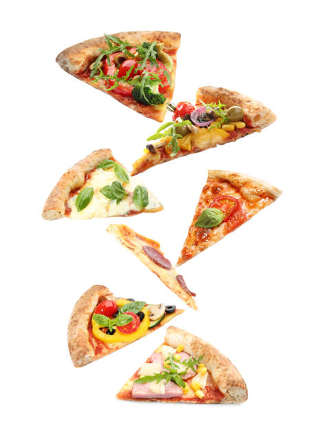 istock Set with slices of different pizzas falling on white background 1353360256