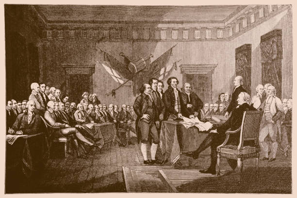 ilustraciones, imágenes clip art, dibujos animados e iconos de stock de firma de la declaración de independencia en filadelfia - firmar