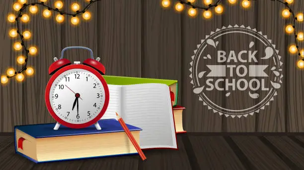 Vector illustration of Back to school, template with alarm clock and books on wooden wall background with garland