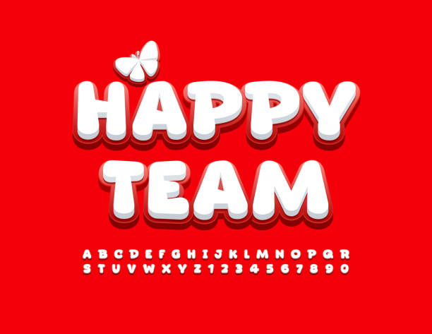 wektorowy plakat kreatywny happy team z dekoracyjnym motylem. zestaw śmiesznych liter i cyfr alfabetu - happy group stock illustrations