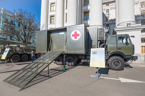 Kyiv, Ukraine - October 15, 2021: The exhibition of modern samples of military equipment \