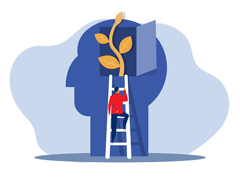 businessman climbing stairs for growth mindset success concept vector illustrator