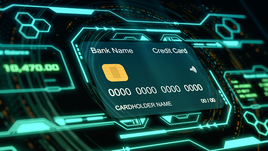 close-up view of a futuristic interface for checking credit card balance and transactions, concept of finance and new technologies (3d render)