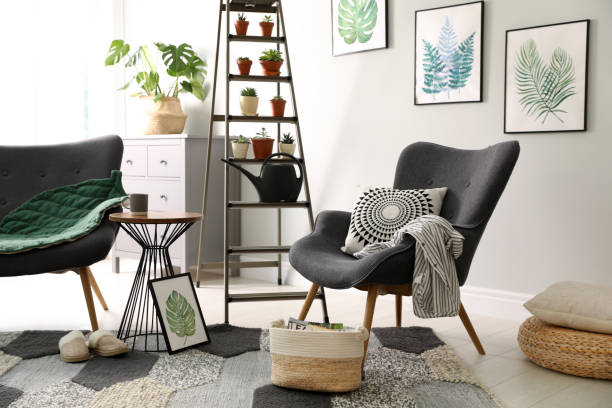 istock Stylish living room interior with decorative ladder 1353362371