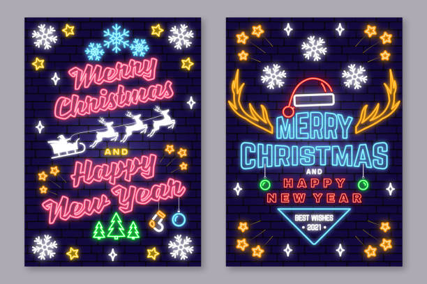 Set of Merry Christmas and 2022 Happy New Year posters in neon style. Collection of neon signs, design template, brochure, glowing poster. Bright neon advertising of xmas, Christmas and new year. Vector illustration. vector art illustration