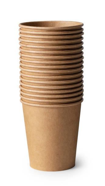 A stack of discarded paper cups on a white background.