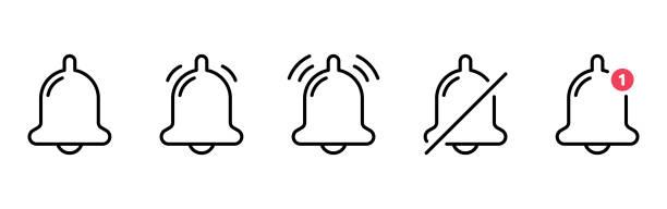 Set of Notification Bells and Silent Mode Concept Line Icons. Ringing Doorbells Outline Icons for Mobile Phone App. Bell with Red Button. Notice Symbol on Smartphone. Isolated Vector Illustration Set of Notification Bells and Silent Mode Concept Line Icons. Ringing Doorbells Outline Icons for Mobile Phone App. Bell with Red Button. Notice Symbol on Smartphone. Isolated Vector Illustration. alarm clock stock illustrations