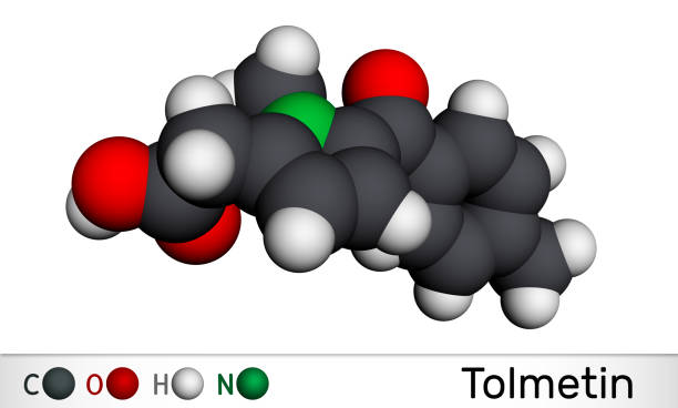 istock Tolmetin molecule. It is monocarboxylic acid, nonsteroidal anti-inflammatory drug NSAID. Molecular model. 3D rendering 1353364943