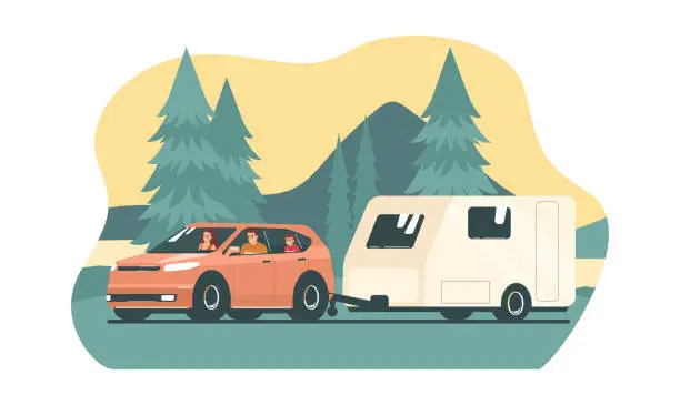 Vector illustration of Family rides in a SUV car with trailer caravan on a forest road. Vector illustration.