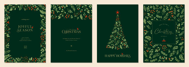 Universal Christmas Templates_17 Merry and Bright Corporate Holiday cards. Modern abstract creative universal artistic templates with Christmas Tree, birds, floral frames and backgrounds. christmas background stock illustrations