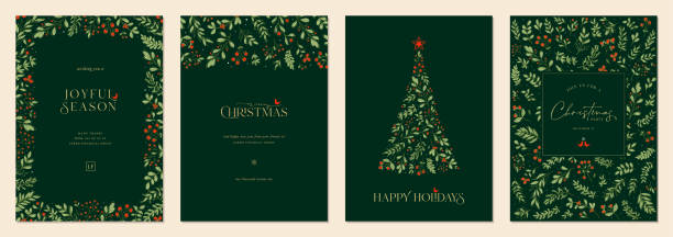 Universal Christmas Templates_17 Merry and Bright Corporate Holiday cards. Modern abstract creative universal artistic templates with Christmas Tree, birds, floral frames and backgrounds. winterberry holly stock illustrations