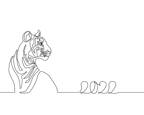 Tiger in one line drawing style. Abstract tiger sitting. Wild animal contour outline background in black and white. Symbol of Chinese 2022 New Year. Vector illustration for holiday print, graphic card