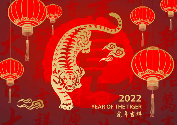 Golden Year of the Tiger Celebrate the Year of the Tiger 2022 with gold colored tiger paper art, lanterns and red stamp on the red Chinese language background, the background red stamp means tiger, the horizontal Chinese phrase means wish you luck in the year of the tiger chinese language stock illustrations