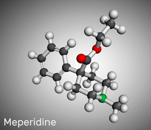istock Pethidine, meperidin molecule. It is opioid agonist with analgesic and sedative properties used to manage moderate-to-severe pain. Molecular model. 3D rendering 1353368719