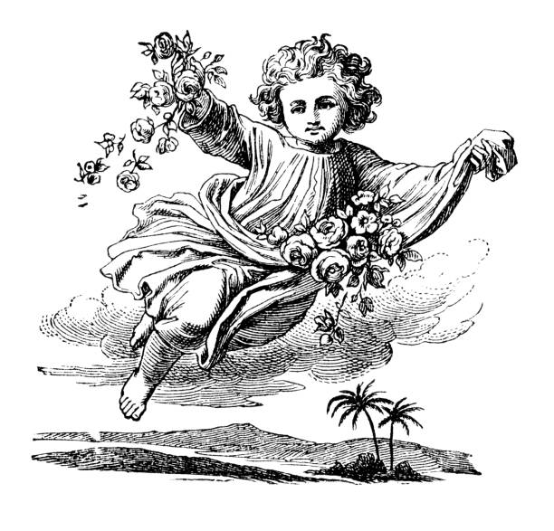 Angel or Cherub Flying over Desert and Throwing Flowers. Bible, New testament. Vintage Antique Drawing Cherub or angel throwing or scattering flowers while flying over desert.Vintage antique drawing. Bible, New Testament. cherub stock illustrations