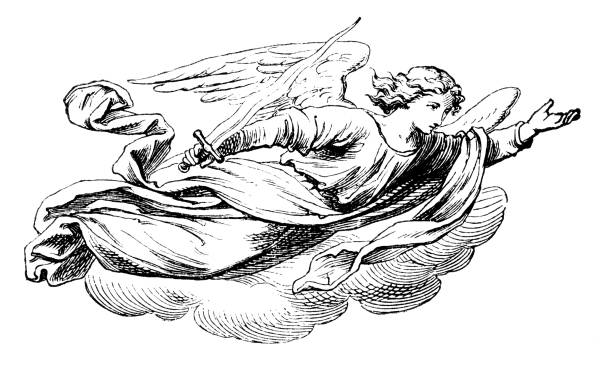Archangel or angel with sword. Vintage antique drawing. Bible, Old Testament.