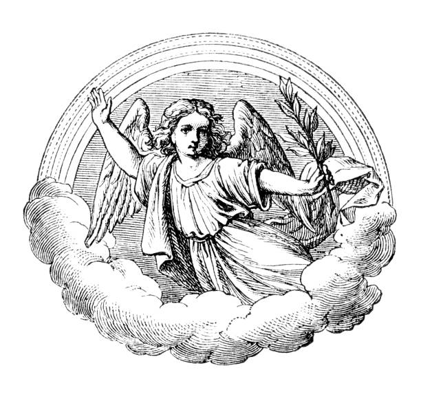 Angel with Lily Flower Flying in Heaven with Rainbow. Bible, New testament. Vintage Antique Drawing Cherub or angel with lily flower flying on in heaven with clouds and rainbow.Vintage antique drawing. Bible, New Testament. cherub stock illustrations