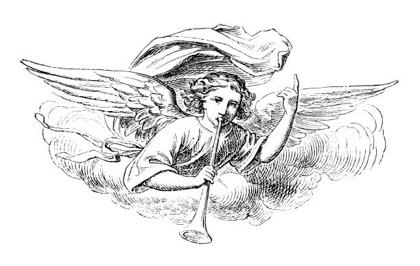 archangel gabriel or angel blowing trumpet. bible. vintage antique drawing - üflemek illüstrasyonlar stock illustrations