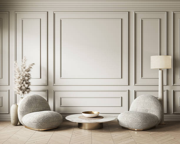 istock Beige classic interior with lounge soft armchairs, decor and moldings wall panel. 3d render illustration mockup. 1353370079