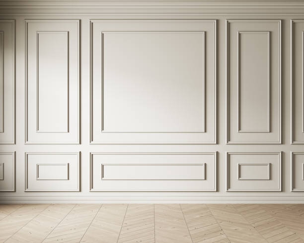 istock Beige classic interior with moldings wall panel. 3d render illustration mockup. 1353370154
