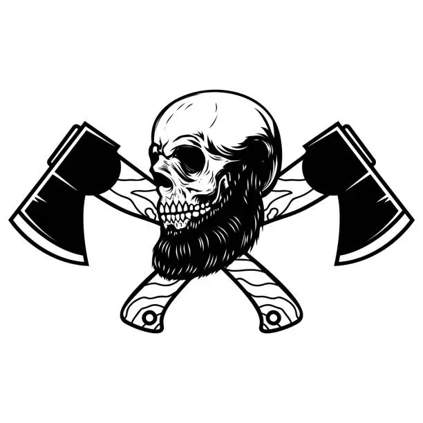 Vector illustration of Crossed lumberjack axes with skull. Design element for emblem, sign, poster, t shirt. Vector illustration