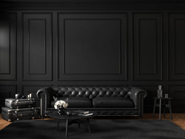 interior clásico negro con sofá, mesa, alfombra, decoración y molduras de panel de pared. maqueta de ilustración de renderizado 3d. - showcase interior fotografías e imágenes de stock