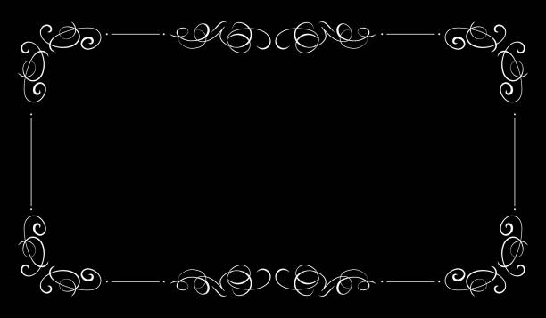 Vector Black Vintage Background, Blank Frame, Filigree Swirls, White Elegant. Vector Black Vintage Background, Blank Frame, Filigree Swirls, White Elegant Calligraphic Elements. drawing of a roaring 20s party invitations stock illustrations