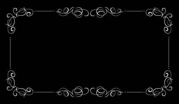 Vector illustration of Vector Black Vintage Background, Blank Frame, Filigree Swirls, White Elegant.