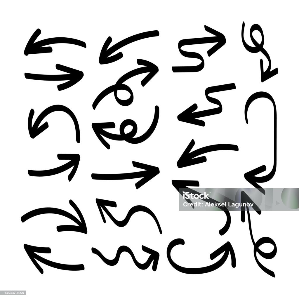 Vector hand drawn arrows set, decorative elements, black bold arrows isolated on white background. - 免版稅箭頭符號圖庫向量圖形